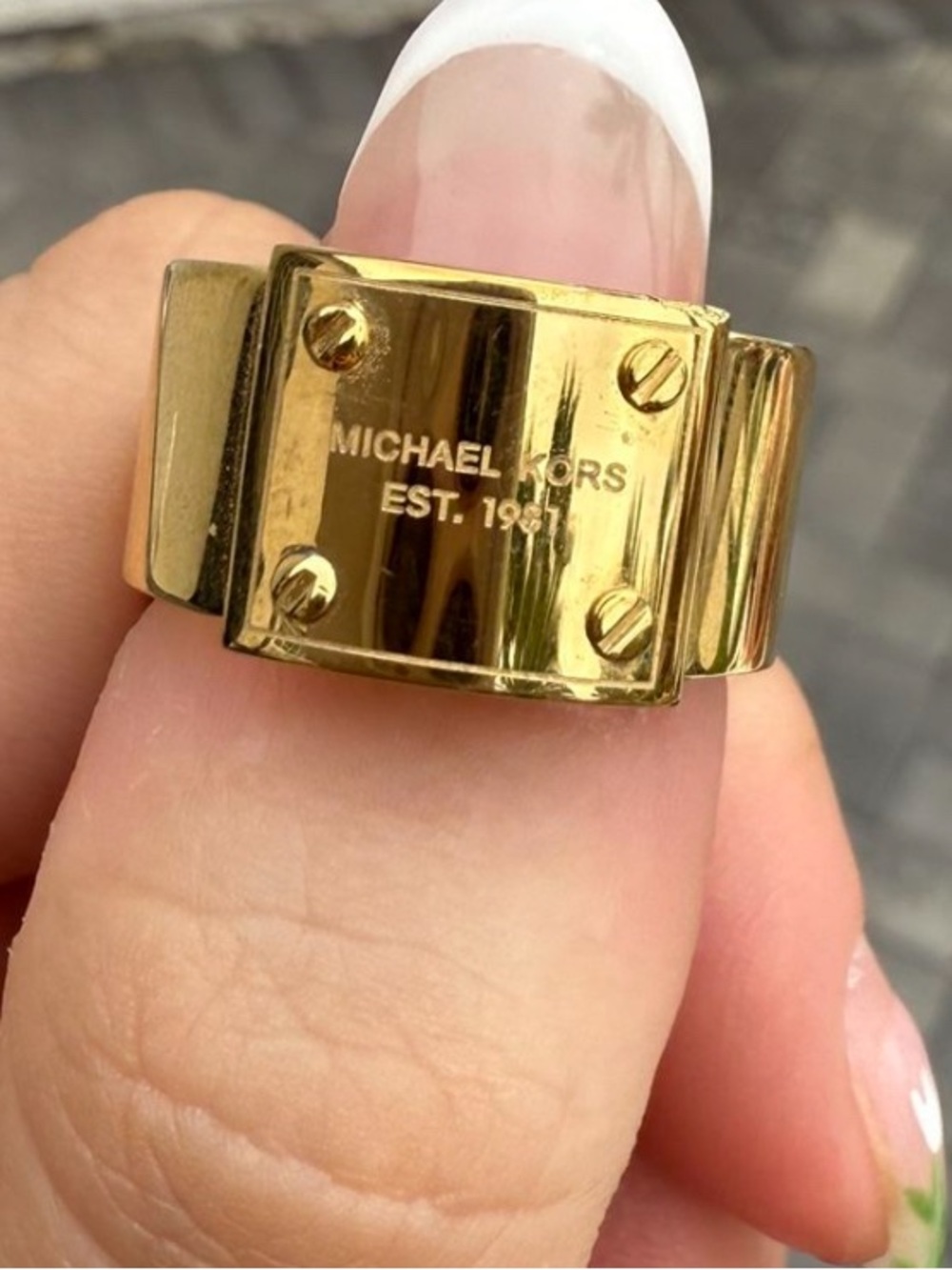 Michael Kors Gold Wide Plate Logo Ring with Screw Accents